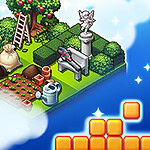 Khu vườn nhỏ với băng ghế, tượng thiên thần và dụng cụ làm vườn nằm bên trái, bên phải là các khối vuông màu cam lơ lửng trên nền xanh dương với mây trắng