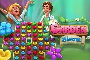 Hai nhân vật hoạt hình đang đứng sau một bảng xếp hình với các bông hoa đầy màu sắc, cùng với dòng chữ Garden Bloom bên cạnh