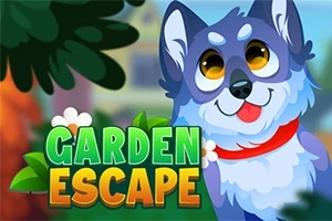 Chú chó hoạt hình dễ thương đeo vòng cổ đỏ với dòng chữ Garden Escape trên nền cây cối