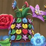 Một chậu hoa đầy màu sắc với nhiều loại hoa khác nhau và hình ảnh đồ họa chữ Garden Match 3D bên cạnh
