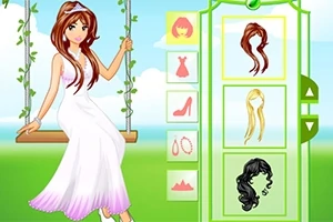 Cô gái trên xích đu mặc váy trắng, nền xanh, có menu tùy chọn kiểu tóc và phụ kiện bên cạnh