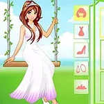 Cô gái trên xích đu mặc váy trắng, nền xanh, có menu tùy chọn kiểu tóc và phụ kiện bên cạnh