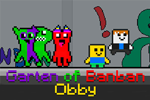Các nhân vật pixel với màu sắc khác nhau đứng cạnh nhau trên nền xám, với chữ Garten of Banban Obby bên dưới