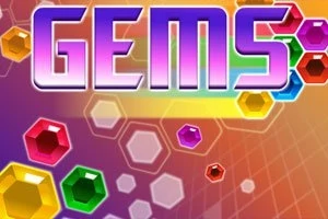 Chữ GEMS màu tím nổi bật trên nền có các viên ngọc nhiều màu sắc và hình lục giác mờ