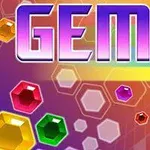 Chữ GEMS màu tím nổi bật trên nền có các viên ngọc nhiều màu sắc và hình lục giác mờ
