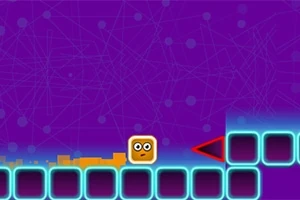 Hình ảnh cho thấy một hình vuông màu vàng với khuôn mặt biểu cảm trên nền tím và xanh neon, cùng với một mũi tên đỏ chỉ về phía trước