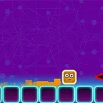Hình ảnh cho thấy một hình vuông màu vàng với khuôn mặt biểu cảm trên nền tím và xanh neon, cùng với một mũi tên đỏ chỉ về phía trước