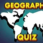 Bản đồ thế giới cách điệu màu trắng với chữ GEOGRAPHY QUIZ nổi bật trên nền xanh