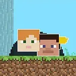Hai khuôn mặt nhân vật hình vuông nằm cạnh nhau trên nền đất pixel