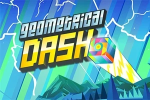 Dòng chữ Geometrical Dash lớn màu vàng và xanh dương với hình khối lập phương đầy màu sắc và tia sáng trên nền cảnh núi non và tia sét