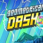 Dòng chữ Geometrical Dash lớn màu vàng và xanh dương với hình khối lập phương đầy màu sắc và tia sáng trên nền cảnh núi non và tia sét