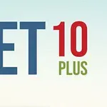Chữ GET 10 PLUS với GET màu xanh, 10 màu đỏ và PLUS màu xanh lá trên nền trắng xanh nhạt