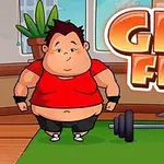 Một nhân vật hoạt hình đứng trên thảm xanh với thanh tạ phía trước, bên cạnh chữ GET FIT lớn màu cam