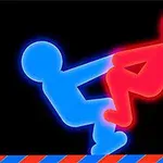 Hình ảnh hai nhân vật đơn giản, một màu xanh dương và một màu đỏ, đang thực hiện động tác vật với nhau trên nền đen