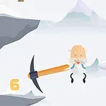 Nhân vật hoạt hình với bộ râu dài cầm một cái búa đang cố leo lên vách đá trong khung cảnh núi non tĩnh lặng với mây mù