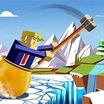 Nhân vật hình khối cầm búa lớn trong nồi, di chuyển trên bề mặt băng, với núi tuyết và lá cờ đỏ ở hậu cảnh