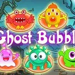 Hình ảnh gồm năm sinh vật hoạt hình đầy màu sắc, nền là một khu rừng ma quái với dòng chữ Ghost Bubbles