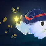 Một nhân vật ma dễ thương đội mũ phù thủy và cầm hai ngôi sao phát sáng trong bối cảnh tối