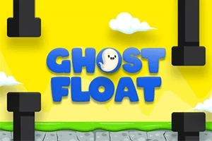 Nền màu vàng với chữ GHOST FLOAT màu xanh và hình ảnh ống màu đen, cùng các đám mây trắng