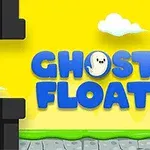 Nền màu vàng với chữ GHOST FLOAT màu xanh và hình ảnh ống màu đen, cùng các đám mây trắng
