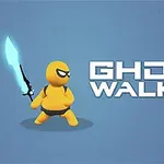 Nhân vật màu vàng cầm kiếm ánh sáng xanh đứng cạnh chữ GHOST WALKER trên nền xanh