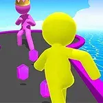 Hai nhân vật stickman màu tím và vàng đang chạy trên một con đường, với một vòng vương miện trên đầu nhân vật tím