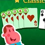 Hai người hoạt hình vui vẻ đang cầm các lá bài với biểu tượng trái tim, cơ, và rô trên nền xanh