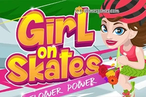Một cô gái đang trượt patin, cầm hoa, với dòng chữ Girl on Skates nổi bật phía trước
