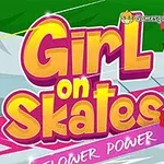 Một cô gái đang trượt patin, cầm hoa, với dòng chữ Girl on Skates nổi bật phía trước
