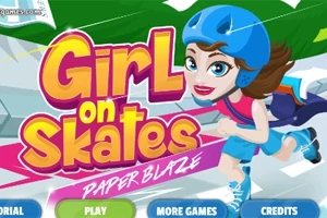 Cô gái đội mũ bảo hiểm xanh đang trượt patin, với dòng chữ Girl on Skates: Paper Blaze nổi bật ở phía trước