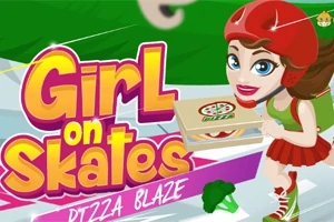 Cô gái đội mũ bảo hiểm đỏ đang trượt patin và cầm hộp pizza, bên cạnh dòng chữ màu sắc