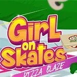 Cô gái đội mũ bảo hiểm đỏ đang trượt patin và cầm hộp pizza, bên cạnh dòng chữ màu sắc