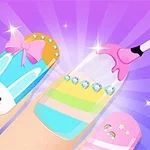Các móng tay được trang trí với họa tiết thỏ, nơ, kim cương giả và sơn móng tay màu hồng trên nền tím