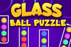 Dòng chữ GLASS BALL PUZZLE nổi bật trên nền màu tím với các cột chứa bóng màu sắc khác nhau