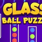 Dòng chữ GLASS BALL PUZZLE nổi bật trên nền màu tím với các cột chứa bóng màu sắc khác nhau