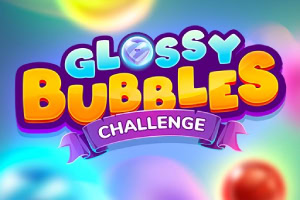 Tiêu đề Glossy Bubbles Challenge với các chữ màu sắc nổi bật trên nền có bong bóng nhiều màu