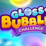 Tiêu đề Glossy Bubbles Challenge với các chữ màu sắc nổi bật trên nền có bong bóng nhiều màu