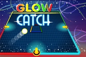 Đồ họa nổi bật với chữ GLOW CATCH nhiều màu sắc trên nền lưới xanh lam với các đường sáng và hiệu ứng ánh sáng