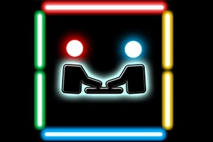 Hai nhân vật đối diện chơi trò chơi với đường viền neon màu đỏ, xanh lá, vàng, và xanh dương