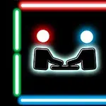 Hai nhân vật đối diện chơi trò chơi với đường viền neon màu đỏ, xanh lá, vàng, và xanh dương