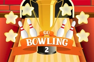 Hình ảnh có một chiếc cúp vàng, nhiều ngôi sao và các ky bowling với dòng chữ Go Bowling 2
