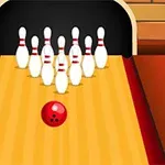 Quả bóng bowling đỏ lăn về phía các con ki trắng trên đường băng gỗ trong nhà chơi bowling