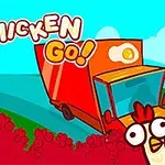 Hình ảnh có nhiều con gà hoạt hình vui nhộn và một chiếc xe tải màu đỏ cam với bầu trời xanh và tựa đề ở phía trên