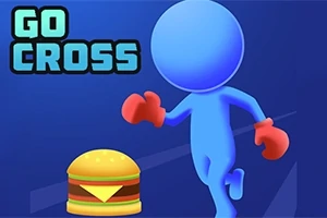 Nhân vật màu xanh dương đang đeo găng tay đỏ chạy về phía một chiếc bánh hamburger trên nền xanh, với dòng chữ GO CROSS ở góc trên bên trái