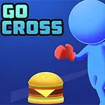 Nhân vật màu xanh dương đang đeo găng tay đỏ chạy về phía một chiếc bánh hamburger trên nền xanh, với dòng chữ GO CROSS ở góc trên bên trái