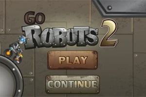 Giao diện chính với chữ Go Robots 2 và các nút Play và Continue trên nền kim loại
