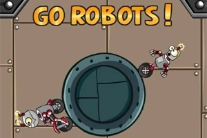 Hai robot với thiết kế ngộ nghĩnh trên nền nâu bên cạnh một cánh cửa tròn, với chữ Go Robots phía trên