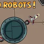 Hai robot với thiết kế ngộ nghĩnh trên nền nâu bên cạnh một cánh cửa tròn, với chữ Go Robots phía trên