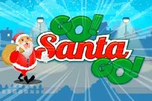 Ông già Noel đang đi bộ qua một con đường có đèn đường, mang túi quà lớn và dòng chữ Go!