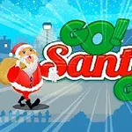 Ông già Noel đang đi bộ qua một con đường có đèn đường, mang túi quà lớn và dòng chữ Go!